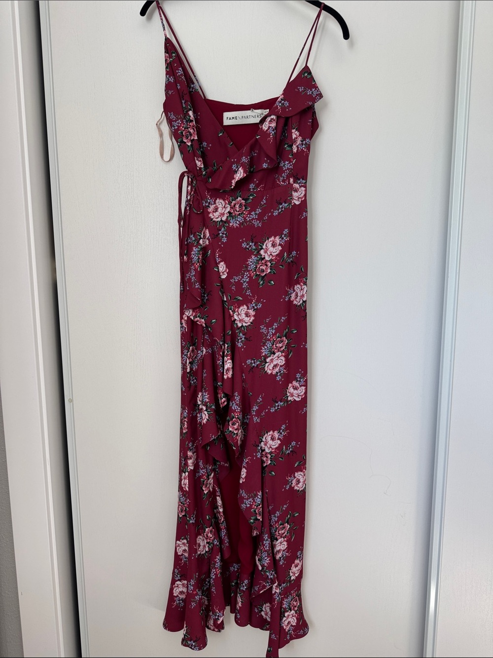Fame and Partners Wine Floral Ruffle Wrap Jumpsuit